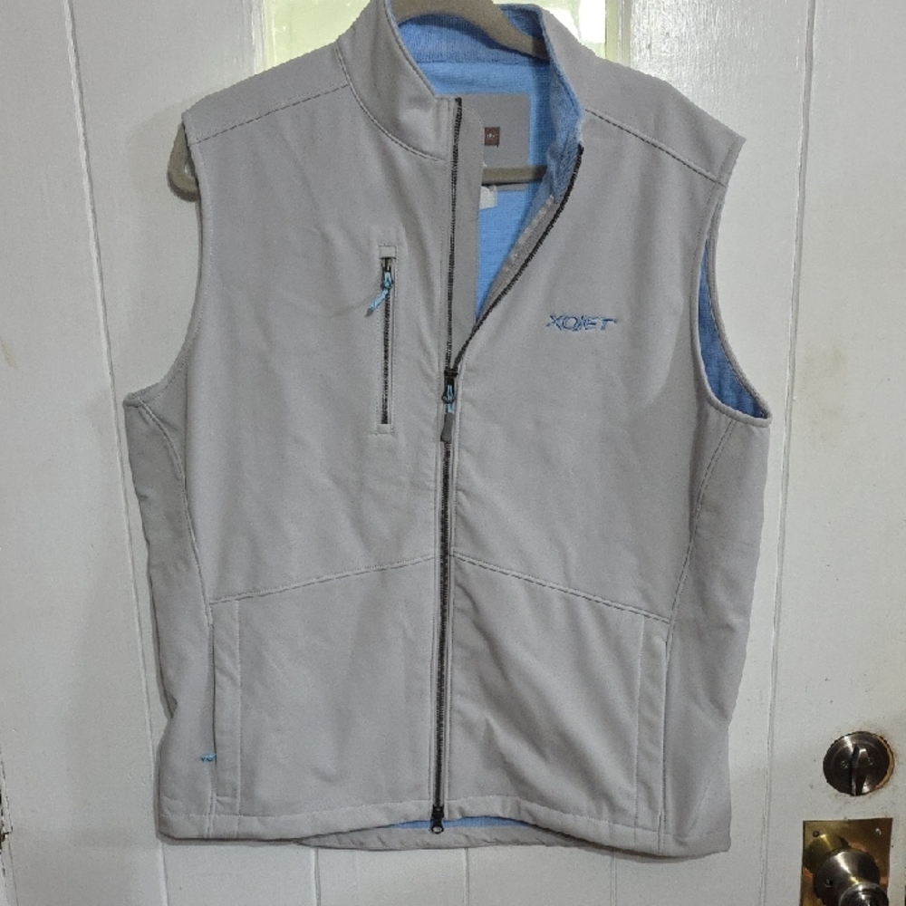 Peter Millar Crown Sport Mens Golf Vest Gray/Blue Zips XOJET Embroiderd Sz L EUC